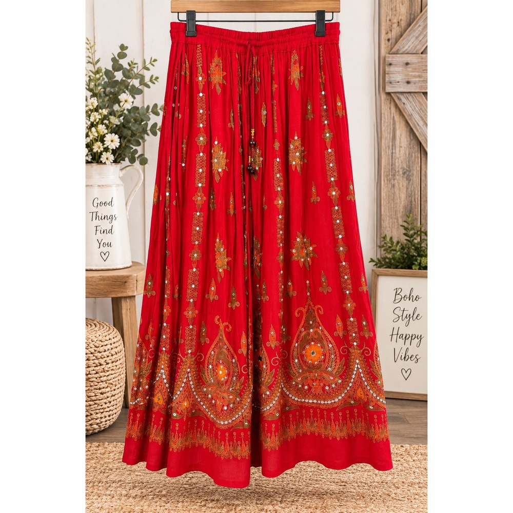 Earthbound Trading Co Red Festival Wedding Skirt Embroidered Sequin Maxi NWT